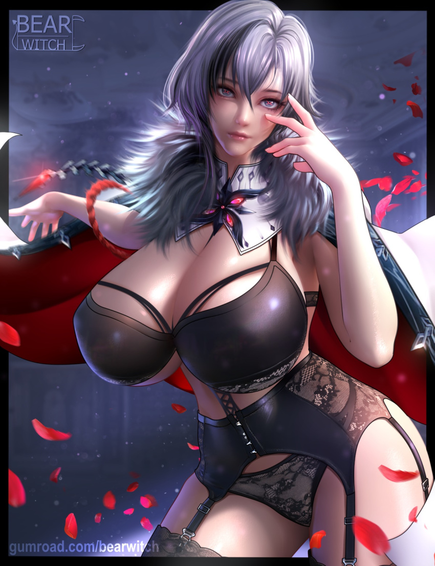 1girl alternate_breast_size arlecchino_(genshin_impact) artist_name bearwitch between_breasts black_bra black_eyes black_garter_belt black_hair black_panties bra breasts cleavage closed_mouth coat coat_on_shoulders commentary fur-trimmed_coat fur_trim genshin_impact grey_hair hair_between_eyes hands_up highres huge_breasts looking_at_viewer multicolored_hair panties petals red_pupils short_hair solo strap_between_breasts streaked_hair symbol-shaped_pupils two-tone_hair underwear web_address white_coat x-shaped_pupils