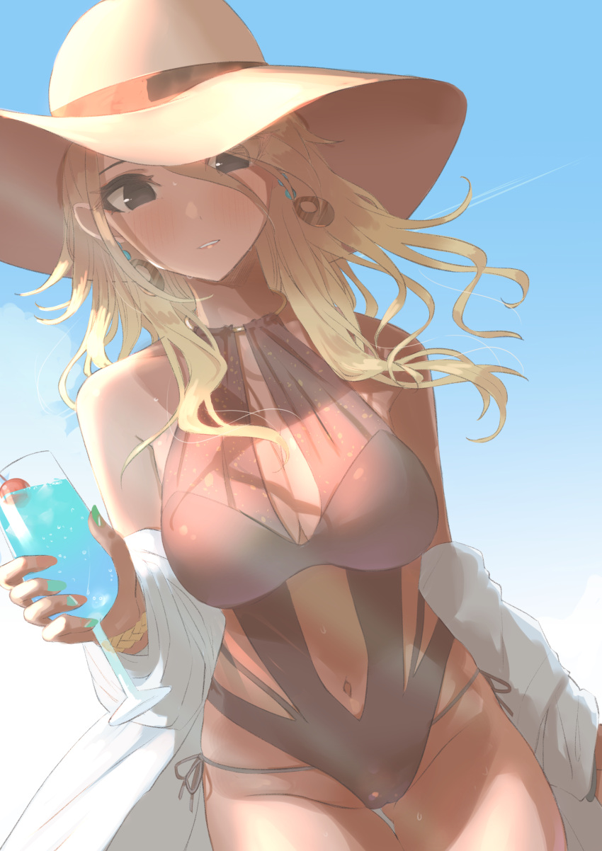 1girl absurdres bikini black_swimsuit blonde_hair blue_sky blush bracelet breasts cleavage dark-skinned_female dark_skin dutch_angle floating_hair groin hat highres idolmaster idolmaster_shiny_colors izumi_mei jewelry large_breasts looking_at_viewer monokini nail_polish navel one-piece_swimsuit shirt side-tie_bikini sky solo sun_hat swimsuit umirororo white_headwear white_shirt