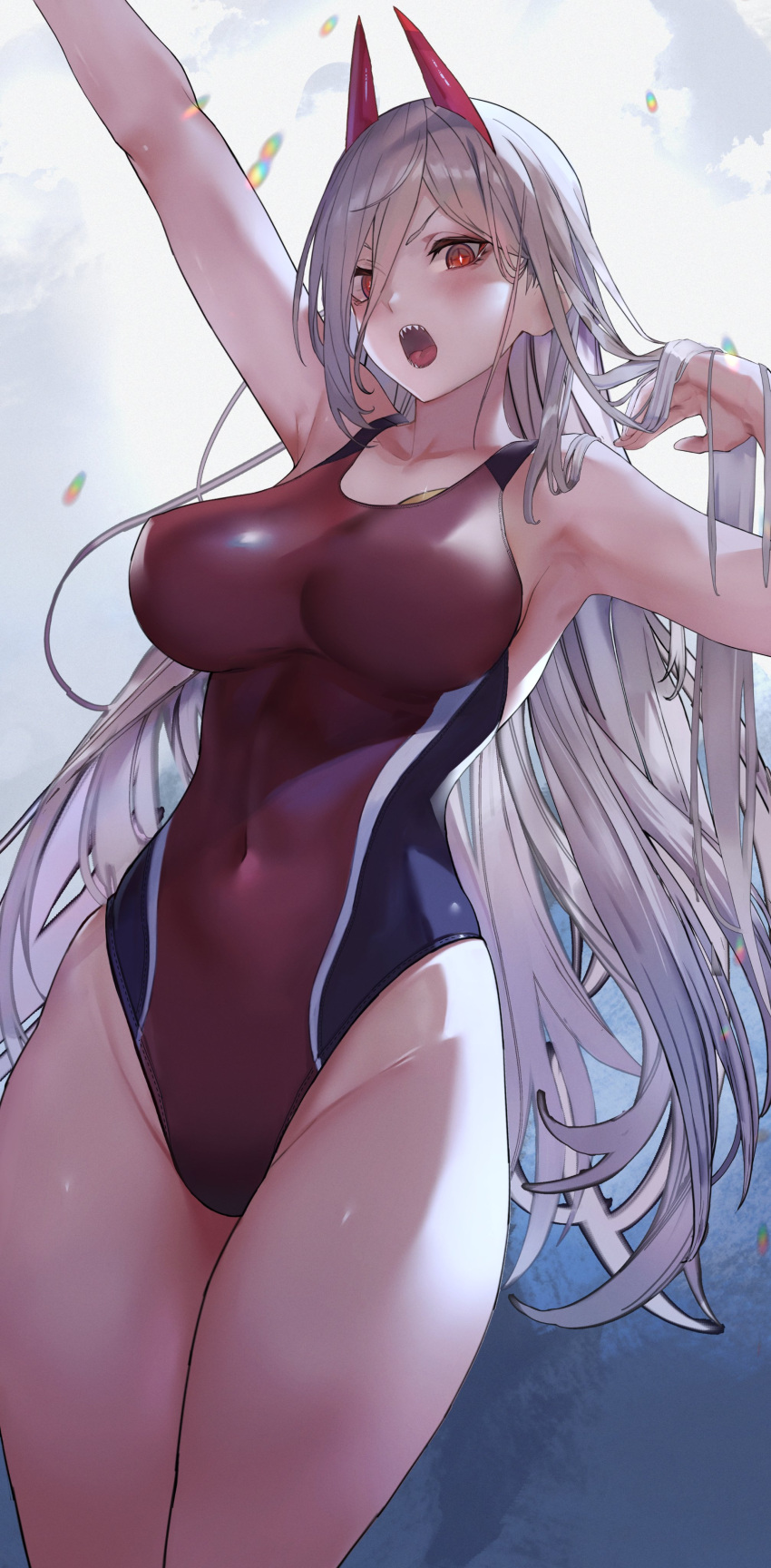 1girl absurdres arm_up armpits breasts chainsaw_man competition_swimsuit highleg highres horns large_breasts long_hair looking_at_viewer one-piece_swimsuit open_mouth power_(chainsaw_man) red_eyes red_horns sawatari_kazuma sharp_teeth solo swimsuit teeth very_long_hair