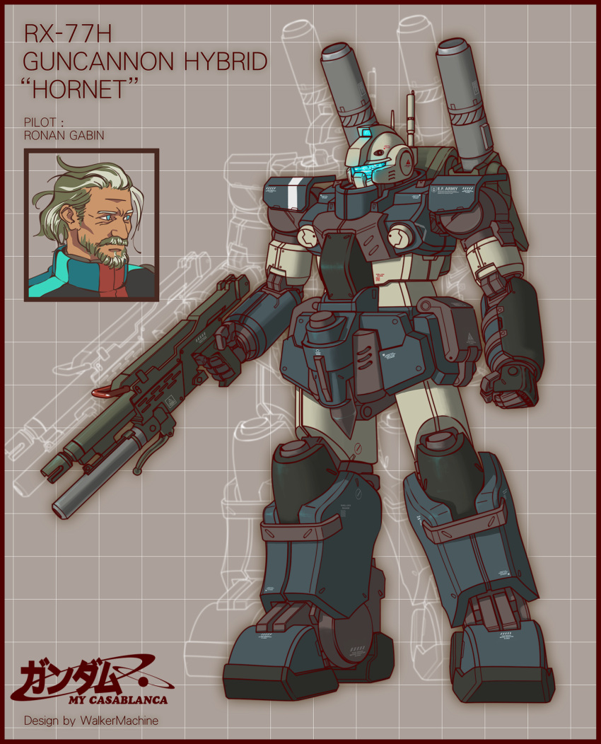 1boy beam_rifle beard blue_eyes character_name clenched_hands commentary_request concept_art diagram dual_persona earth_federation earth_federation_space_forces emblem energy_gun facial_hair glowing grey_hair guncannon gundam headwear_removed helmet helmet_removed highres machinery manly mecha military mobile_suit_gundam old original pilot_suit radio_antenna redesign robot ronan_gabin roundel science_fiction shoulder_cannon signature spacesuit uniform visor walkermachine weapon