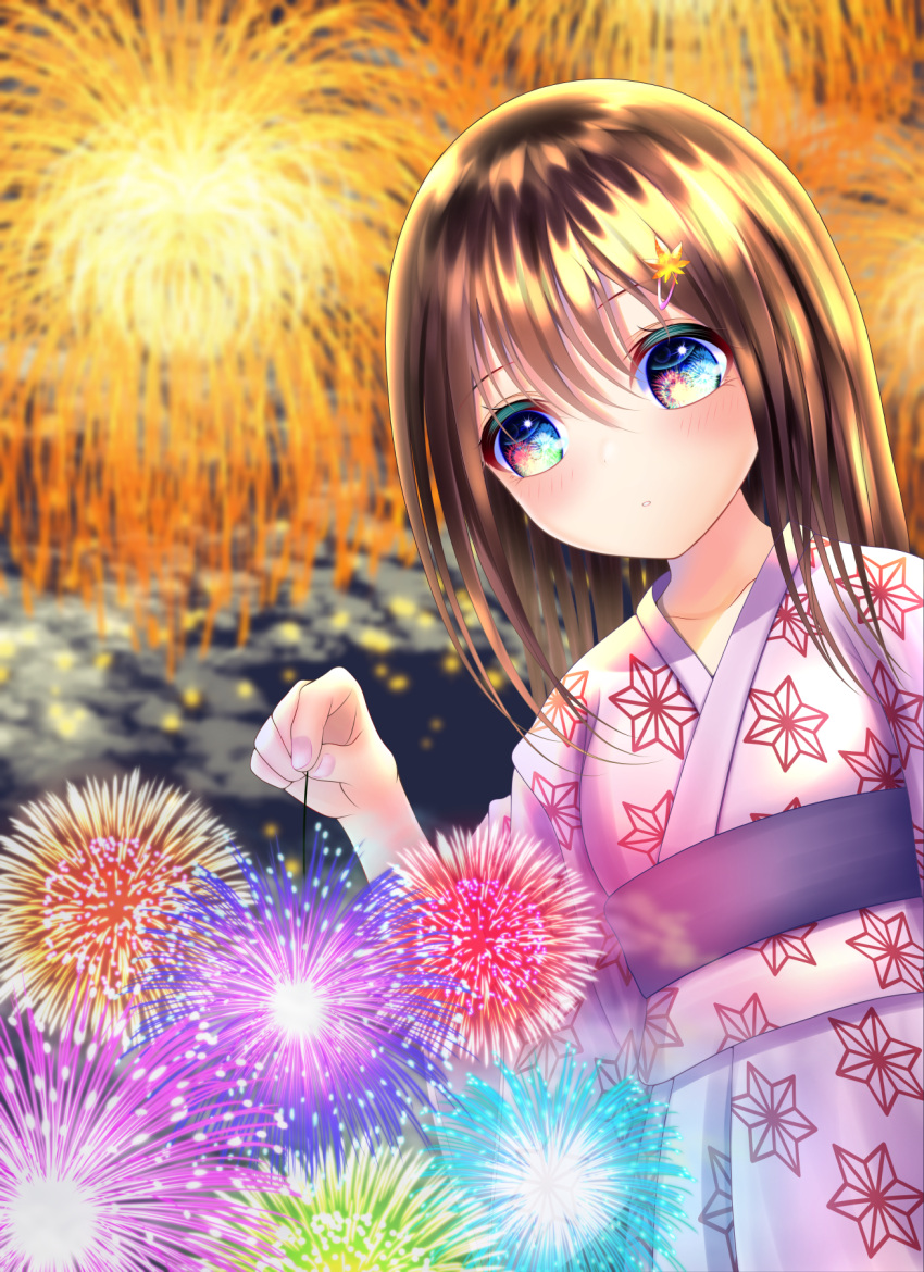 1girl bangs blue_eyes blurry blurry_background blush brown_hair eye_reflection fireworks hair_ornament hairclip highres holding_fireworks japanese_clothes kimono leaf leaf_hair_ornament long_hair looking_at_viewer maple_leaf nail_polish oni original parted_lips reflection reflective_eyes senkou_hanabi solo sparkler wabi_chazuke yukata