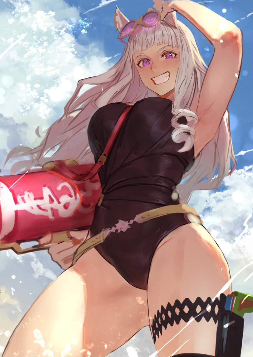 1girl absurdres animal_ears arm_up armpits black_swimsuit breasts from_below gold_ship_(run_revolt_launcher)_(umamusume) gold_ship_(umamusume) highres holding holding_water_gun holding_weapon horse_ears long_hair looking_at_viewer peperon_(peperou) purple_eyes smile solo sunglasses swimsuit umamusume very_long_hair water_gun weapon