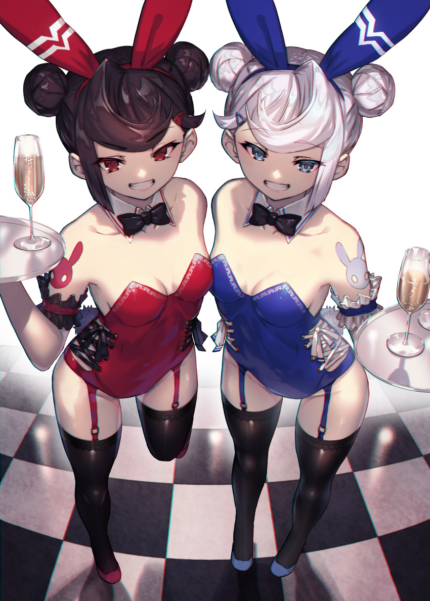 2girls absurdres animal_ears bangs bare_shoulders black_hair black_thighhighs blue_eyes bow bowtie breasts champagne_flute checkered_floor cup detached_collar double_bun drinking_glass fake_animal_ears garter_straps grin hair_bun hair_ornament hairclip highres multiple_girls nakanishi_tatsuya original playboy_bunny rabbit_ears red_eyes smile thighhighs tray white_hair