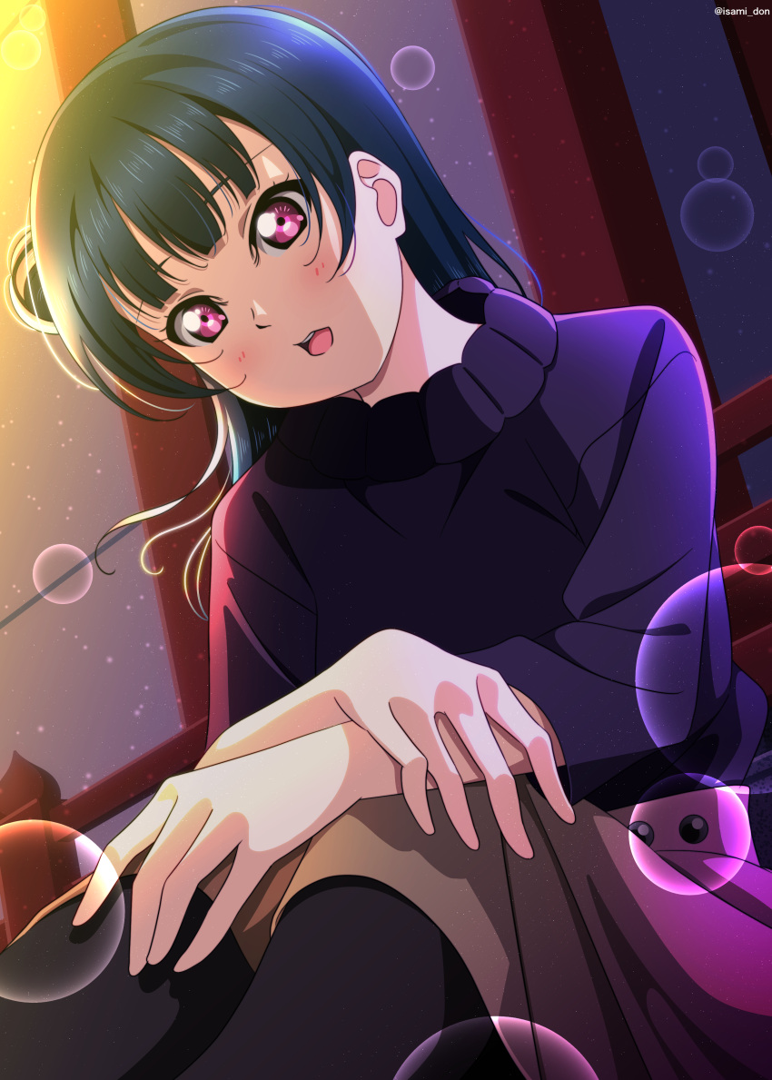 1girl absurdres artist_name black_pantyhose blush brown_skirt commentary_request dark_blue_hair hair_bun highres isami_don lens_flare long_hair looking_at_viewer love_live! love_live!_sunshine!! open_mouth pantyhose purple_eyes purple_sweater sitting skirt solo sweater tsushima_yoshiko