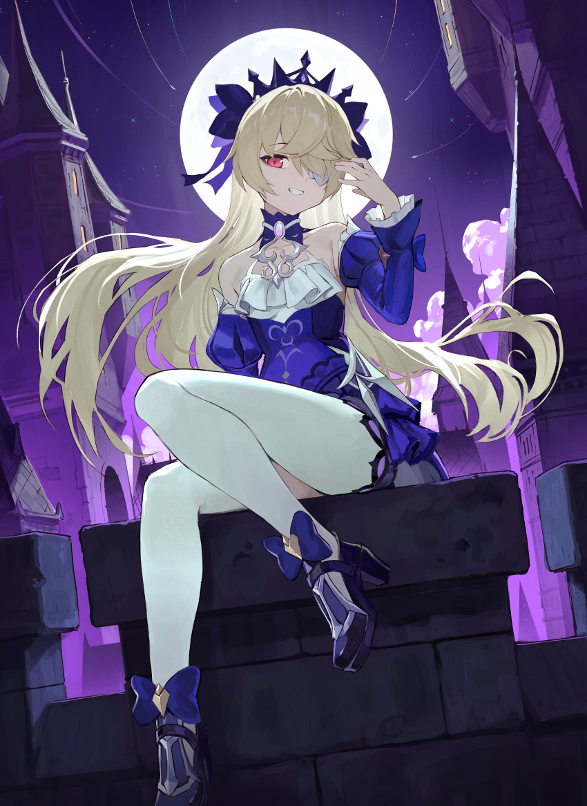 1girl absurdres bare_shoulders blonde_hair blue_bow blue_sleeves bow castle choker detached_sleeves dress english_commentary eyepatch fischl_(ein_immernachtstraum)_(genshin_impact) fischl_(genshin_impact) floating_hair frilled_choker frills full_body genshin_impact grin hair_over_one_eye hair_ribbon hand_up high_heels highres juliet_sleeves knee_up long_hair long_sleeves looking_at_viewer moon official_alternate_costume outdoors pink_gemstone puffy_sleeves purple_dress purple_footwear purple_ribbon red_eyes ribbon sitting smile solo thighhighs tiara vertigris white_thighhighs