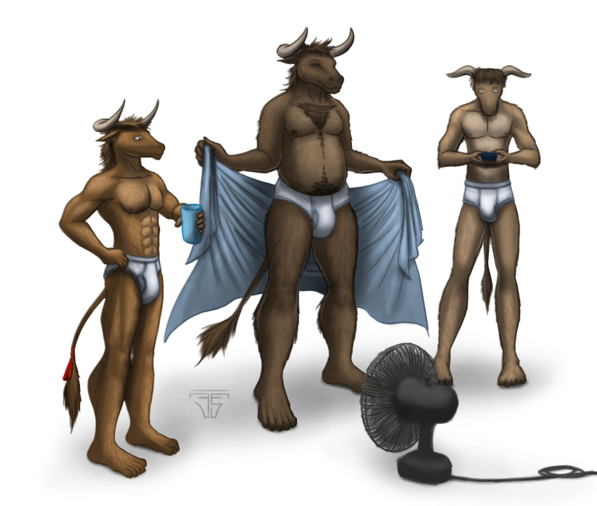 5_fingers 5_toes abs anthro belly belly_hair biceps biped blue_towel body_hair bovid bovine bovine_ears bovine_tail briefs brother brothers brown_body brown_eyes brown_fur cable cattle cellphone chest_hair clothed clothing container countershade_fur countershade_torso countershading cup digital_media_(artwork) dragontears eyes_closed father father_and_child father_and_son feet fingers front_view fur group hair hairy_legs holding_cup holding_object holding_towel horn humanoid_feet looking_down male mammal mechanical_fan muscular muscular_anthro muscular_male nipples open_towel parent parent_and_child pecs phone plantigrade shadow sibling side_view signature simple_background slightly_chubby smartphone son standing tail_tuft toes topless towel trio tuft underwear underwear_only white_background white_briefs white_clothing white_underwear