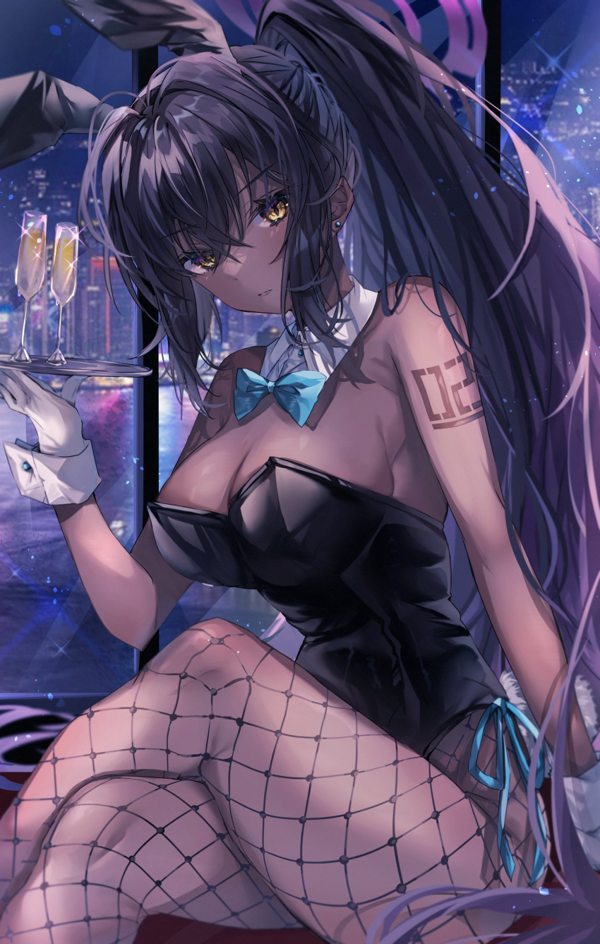 1girl absurdres animal_ears bangs black_hair black_leotard blue_archive blue_bow blue_bowtie bow bowtie breasts brown_eyes bunny_day cleavage closed_mouth crossed_legs cup dark-skinned_female dark_skin detached_collar drinking_glass highres holding holding_tray karin_(blue_archive) large_breasts leotard long_hair looking_at_viewer number_tattoo playboy_bunny rabbit_ears sitting solo sorashima_(117) tattoo tray