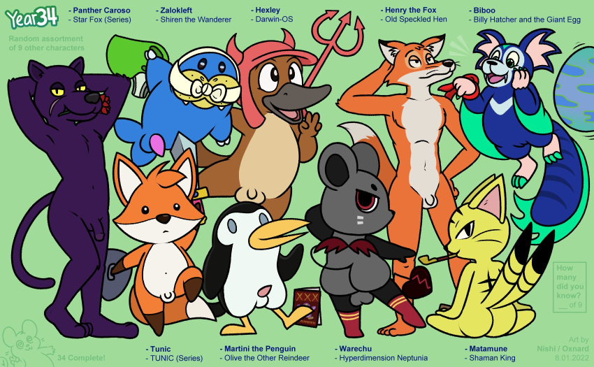 anthro biboo billy_hatcher_and_the_giant_egg black_body black_fur blue_eyes butt duckbill english_text fur genitals green_background group henry_the_fox hexley_the_platypus hi_res hyperdimension_neptunia male martini_(olive_the_other_reindeer) matamune_(shaman_king) navel nintendo nishi_oxnard old_speckled_hen open_mouth panther_caroso panther_caruso penis pipe pornographic_magazine rose_(disambiguation) scar seductive shiron_the_wanderer simple_background smile star_fox text tongue_showing tunic_(video_game) video_games warechu whiskers yellow_sclera zalokleft