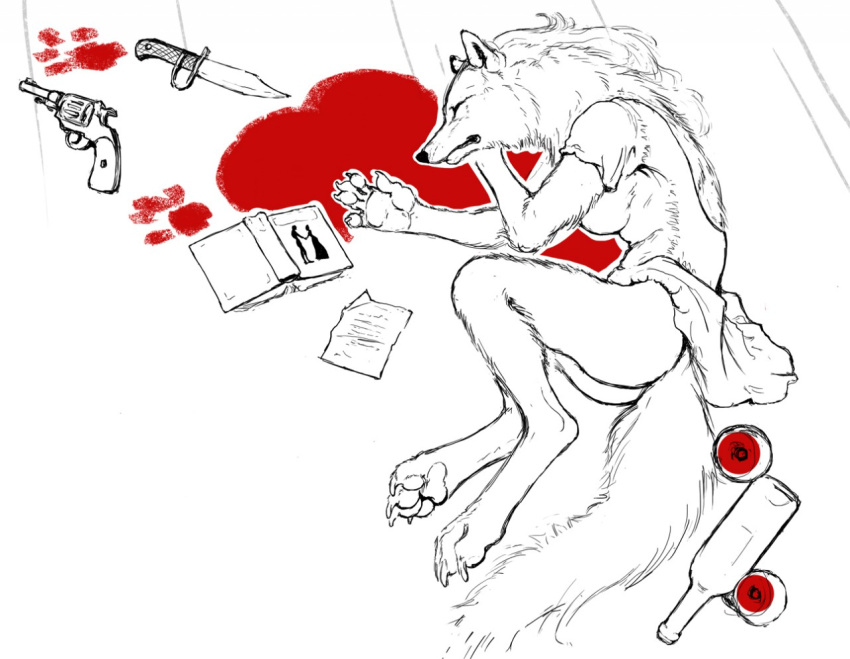 alcohol anthro beverage blood bodily_fluids book canid canine canis female gun handgun hotchkisstank knife mammal ranged_weapon revolver solo weapon wine wolf