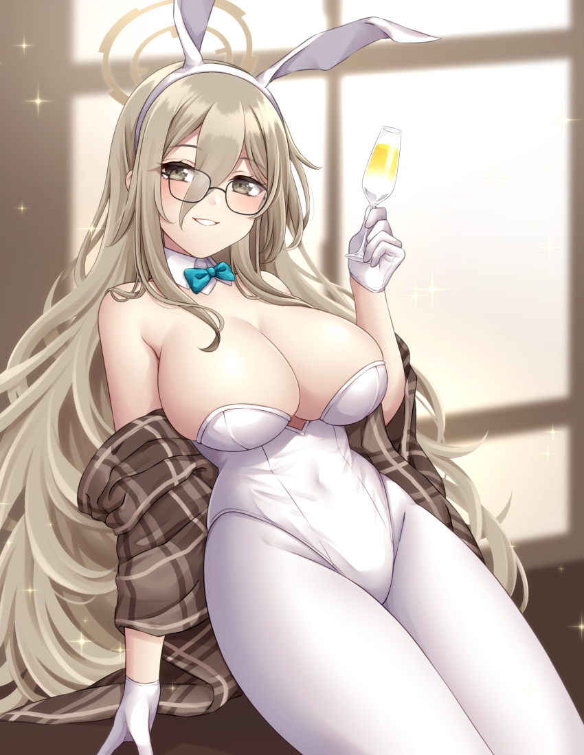 1girl absurdres akane_(blue_archive) akane_(bunny)_(blue_archive) animal_ears bare_shoulders blue_archive blue_bow blue_bowtie bow bowtie breasts brown_eyes champagne_flute cleavage cup detached_collar drinking_glass fake_animal_ears glasses gloves hair_between_eyes hairband highres holding holding_cup large_breasts leotard light_brown_hair long_hair looking_at_viewer pantyhose playboy_bunny rabbit_ears sitting smile solo sorakase_sawa very_long_hair white_gloves white_hairband white_leotard white_pantyhose