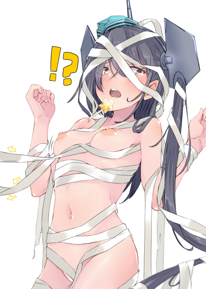!? 1girl alakoala aqua_headwear bandages blush breasts brown_eyes collarbone cowboy_shot garrison_cap grey_hair hair_between_eyes hat headgear highres kantai_collection long_hair naked_bandage navel nipples open_mouth pussy scamp_(kancolle) side_ponytail simple_background small_breasts solo teeth upper_teeth white_background