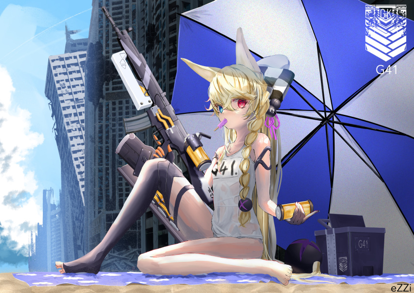 1girl absurdres animal_ear_fluff animal_ears artist_name assault_rifle bangs beach_umbrella black_gloves black_thighhighs blonde_hair blue_eyes blue_sky braid braided_ponytail breasts building can cat_ears character_name closed_mouth ezzi fingerless_gloves full_body g41_(beach_punk_2064)_(girls'_frontline) g41_(girls'_frontline) girls'_frontline gloves griffin_&amp;_kryuger gun h&amp;k_g41 hair_ribbon heterochromia highres holding holding_can holding_gun holding_weapon long_hair looking_at_viewer mouth_hold official_alternate_costume on_floor red_eyes ribbon rifle sand school_swimsuit single_glove single_thighhigh sky small_breasts solo swimsuit thighhighs umbrella water weapon white_swimsuit