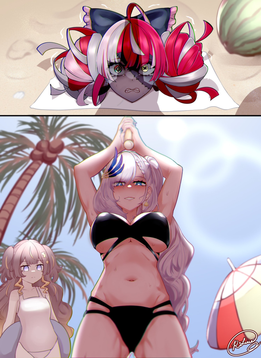 3girls anya_melfissa bikini black_bikini black_bow blush bow breasts cleavage colored_skin disembodied_head double_bun food fruit green_eyes grey_hair grey_skin hair_bow hair_bun heterochromia highres hololive hololive_indonesia holoro kureiji_ollie medium_breasts multicolored_hair multiple_girls navel one-piece_swimsuit palm_tree parted_lips pavolia_reine red_hair rlus smile stitched_face stitches stomach streaked_hair suikawari swimsuit tree watermelon white_swimsuit yellow_eyes