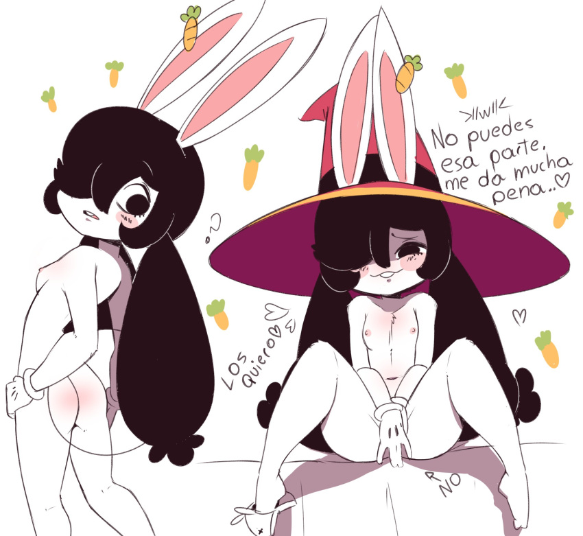 anthro birshy black_hair breasts butt clothing covering covering_crotch female hair hat headgear headwear hi_res lagomorph leporid mammal rabbit reddened_butt small_breasts solo witch_hat