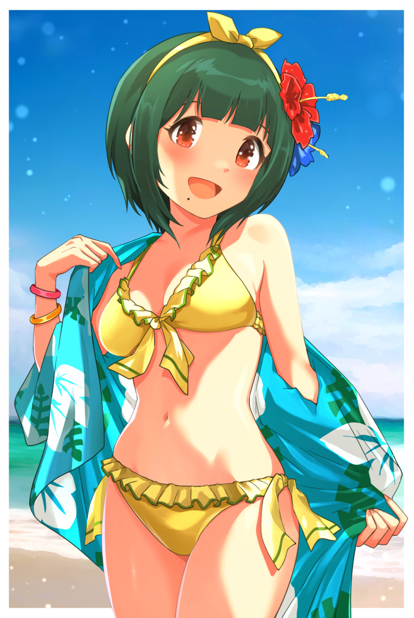 1girl beach bikini blue_shirt blue_sky breasts cleavage cloud cowboy_shot day floral_print frilled_bikini frills front-tie_top green_hair hanamasa_ono highres horizon idolmaster idolmaster_million_live! idolmaster_million_live!_theater_days medium_breasts mole mole_under_mouth ocean open_clothes open_shirt otonashi_kotori outdoors red_eyes shirt short_hair side-tie_bikini sky smile solo standing swimsuit yellow_bikini