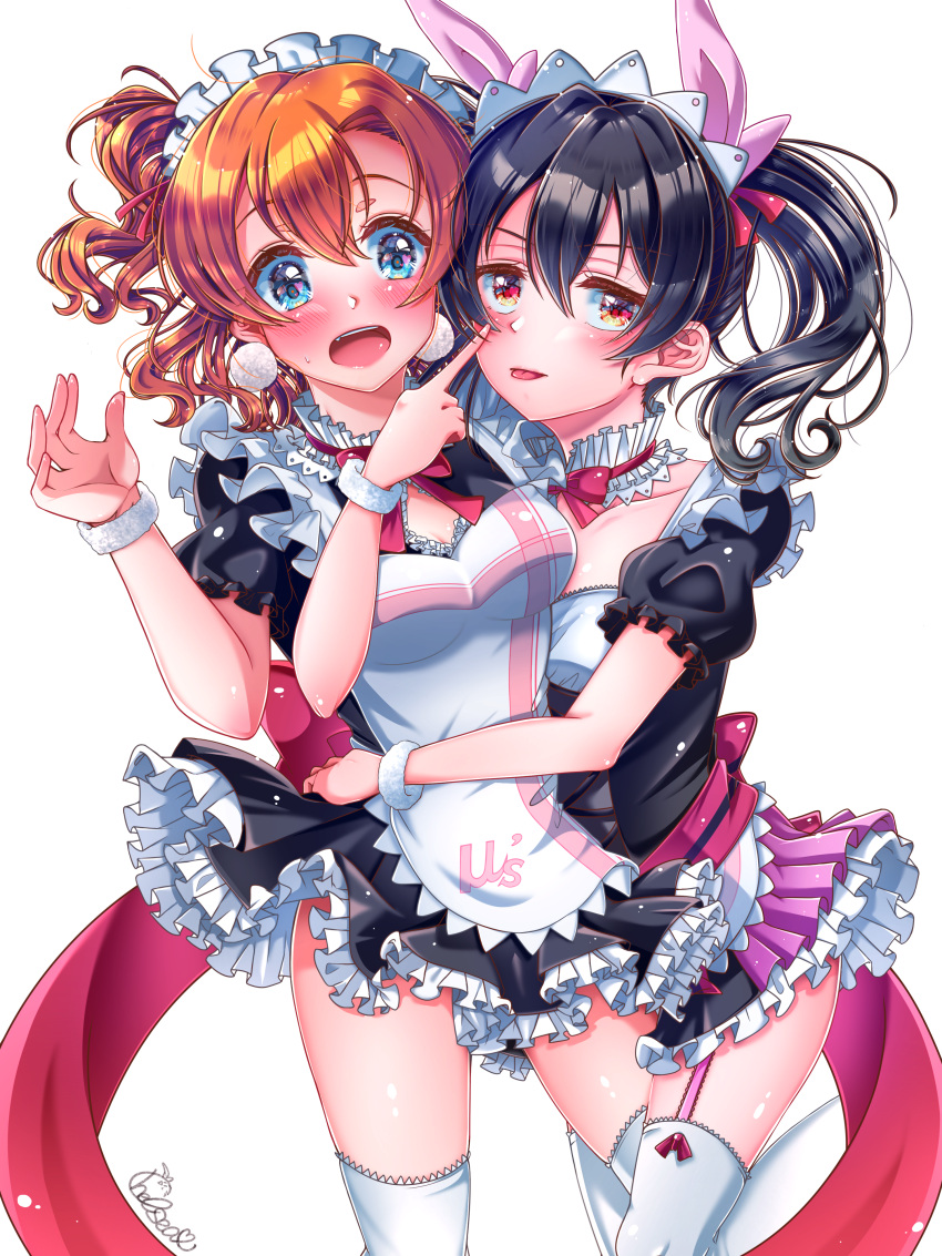 2girls :o absurdres black_hair blue_eyes blush bow bowtie breasts chelsea0327 cleavage collarbone frilled_skirt frills garter_straps hair_between_eyes highres index_finger_raised kousaka_honoka love_live! medium_breasts mogyutto_"love"_de_sekkin_chuu! multiple_girls orange_hair pink_bow pink_skirt red_bow red_bowtie red_eyes short_sleeves signature simple_background skirt standing sweatdrop thighhighs tongue tongue_out twintails white_background white_thighhighs wristband yazawa_nico