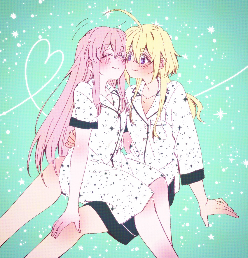 2girls ^_^ ahoge amano_soraha arm_at_side arm_support assault_lily bangs black_shorts blonde_hair blush breast_pocket bright_pupils buttons cheek-to-cheek closed_eyes closed_mouth collarbone collared_shirt egawa_kusumi feet_out_of_frame gradient gradient_background green_background hair_between_eyes hand_on_another's_back hand_on_another's_knee heads_together heart heart_of_string highres light_particles long_hair long_sleeves looking_at_another low_ponytail motion_lines multiple_girls pajamas pink_hair pocket ponytail print_pajamas purple_eyes shirt shorts sidelocks sitting sitting_on_lap sitting_on_person smile sorato_(astllatte) sparkle sparkle_print very_long_hair white_pajamas white_pupils white_shirt yuri