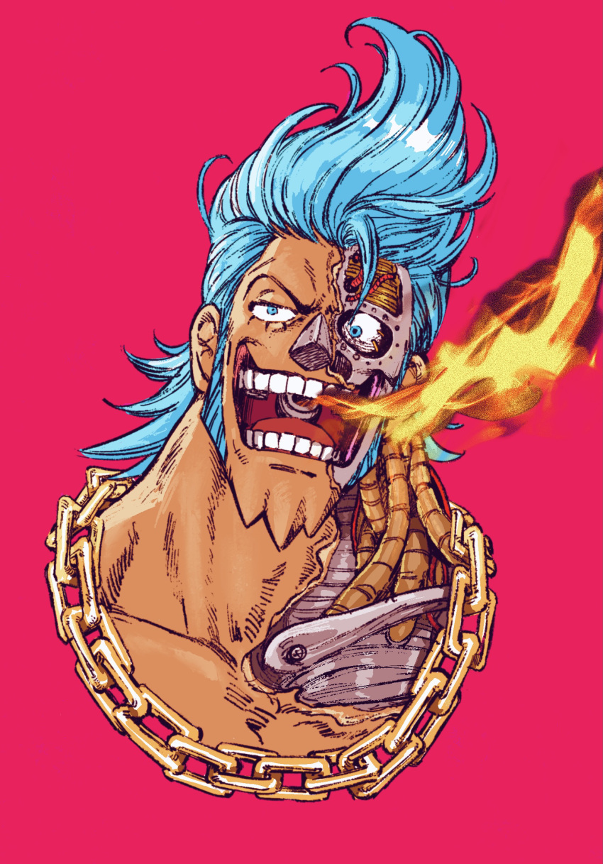 1boy blue_eyes blue_hair chain_necklace commentary_request cropped_torso cyborg damaged fire franky hair_strand hashi84e highres injury jewelry long_sideburns male_focus mechanical_parts necklace one_piece pink_background short_hair sideburns smile solo