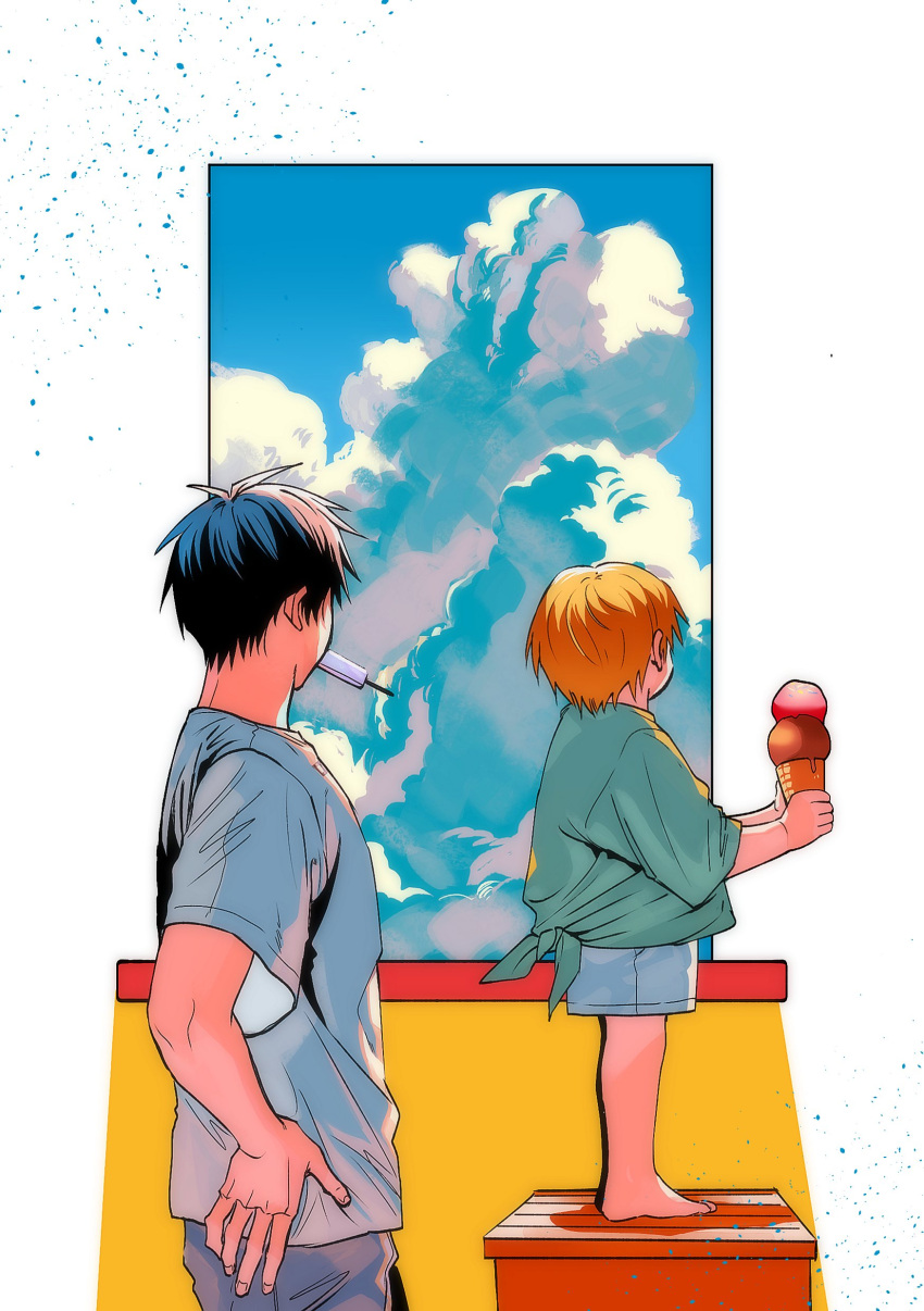 2boys absurdres barefoot black_hair blonde_hair blue_shorts child cloud commentary day facing_away food food_in_mouth gash_bell green_shirt grey_shirt hand_on_hip highres holding holding_food holding_ice_cream ice_cream ice_cream_cone konjiki_no_gash!! korean_commentary male_child male_focus mouth_hold multiple_boys popsicle shirt short_hair short_sleeves shorts simple_background standing takamine_kiyomaro tied_shirt wangcheolgab white_background