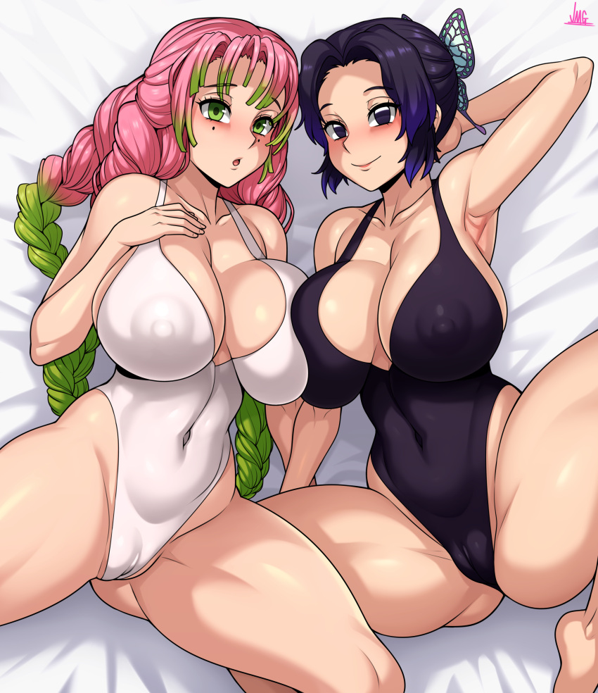 2girls absurdres armpits artist_name ass_visible_through_thighs asymmetrical_docking bangs bare_shoulders black_hair black_swimsuit breast_press breasts butterfly_hair_ornament cameltoe closed_mouth collarbone commentary covered_navel covered_nipples english_commentary gradient_hair green_eyes green_hair groin_tendon hair_ornament highres jmg kanroji_mitsuri kimetsu_no_yaiba kochou_shinobu long_hair looking_at_viewer mole mole_under_eye multicolored_hair multiple_girls one-piece_swimsuit parted_lips pink_hair raised_eyebrows spread_legs swimsuit thick_thighs thighs tri_braids very_long_hair white_swimsuit