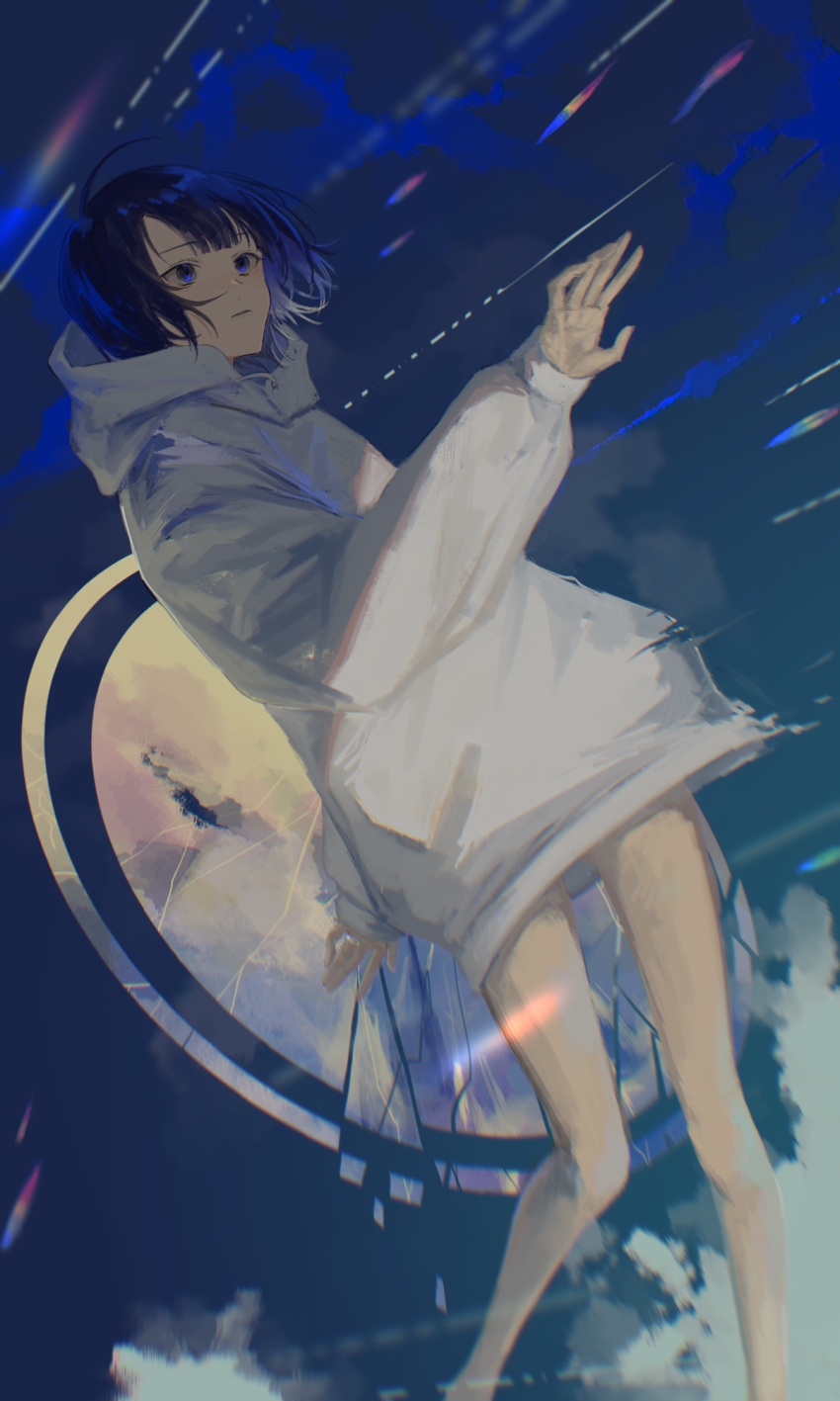 1girl bangs bare_legs blue_background blue_eyes blue_hair blunt_bangs cloud feet_out_of_frame fragile_(vocaloid) highres hood hoodie legs_apart long_hoodie long_sleeves medium_hair outstretched_hand pd_ta1 sleeves_past_wrists solo standing white_hoodie