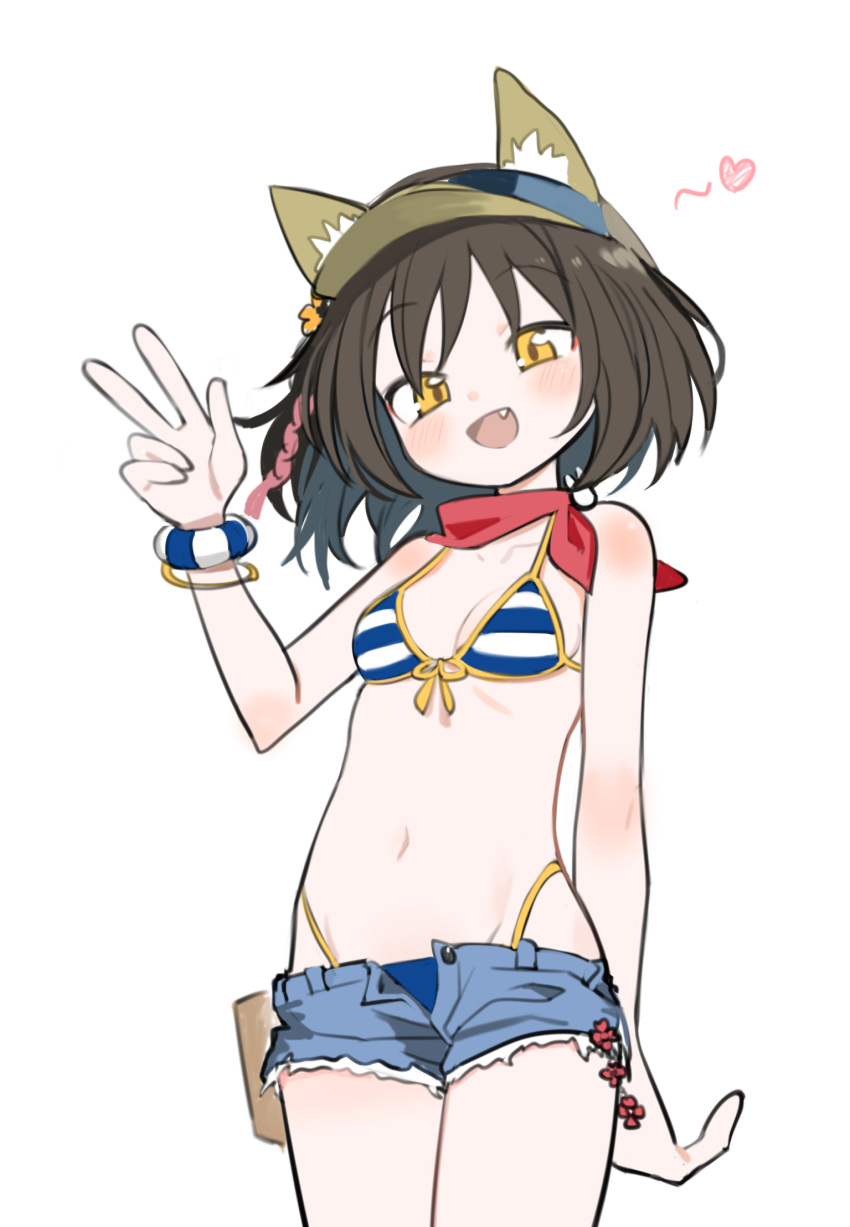 1girl animal_ears bikini black_hair blue_archive breasts cowboy_shot denim denim_shorts fang fox_ears front-tie_bikini front-tie_top heart highres izuna_(blue_archive) izuna_(swimsuit)_(blue_archive) kokaki_mumose looking_at_viewer navel open_mouth red_scarf scarf short_hair short_shorts shorts simple_background solo striped striped_bikini swimsuit visor_cap w white_background yellow_eyes