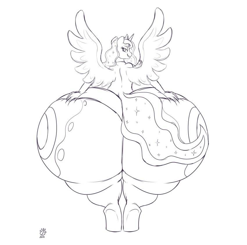 2019 absurd_res anthro anthrofied badgerben big_butt breasts butt clothing crown cutie_mark equid equine feathered_wings feathers female footwear friendship_is_magic hair hasbro hi_res horn huge_butt humanoid_hands hyper hyper_butt hyper_hips mammal monochrome my_little_pony navel nipples open_mouth open_smile panties princess_luna_(mlp) shoes signature small_breasts smile solo sound_effects thick_thighs underwear wide_hips winged_unicorn wings