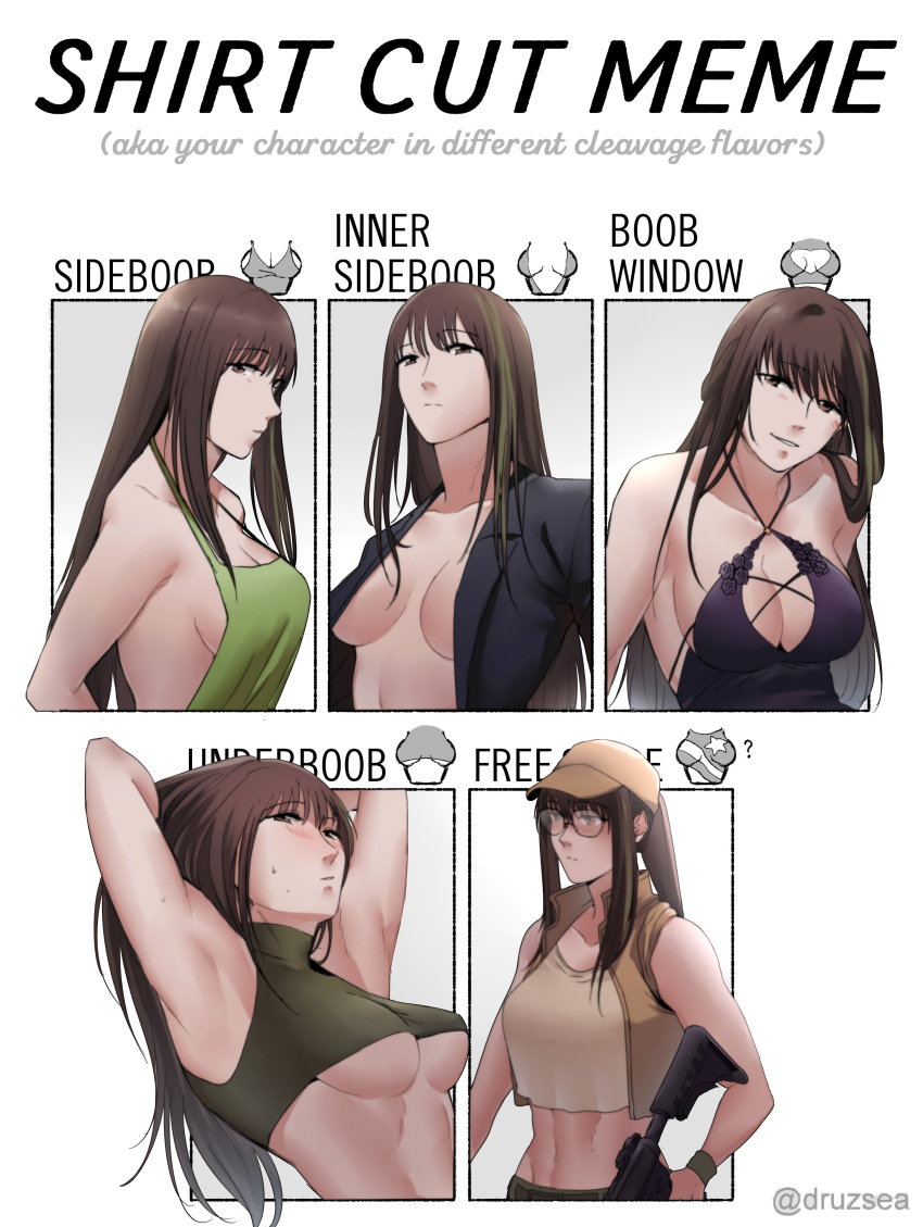 1girl absurdres apron armpits arms_behind_back arms_behind_head assault_rifle bangs bare_shoulders black_shirt blush breasts brown_eyes brown_hair brown_jacket cleavage closed_mouth collarbone crop_top dress english_commentary english_text from_side girls'_frontline green_apron green_shirt gun highres holding holding_gun holding_weapon jacket light_smile long_hair looking_at_viewer looking_away m4_carbine m4a1_(girls'_frontline) medium_breasts meme multicolored_hair naked_apron navel open_clothes open_jacket open_mouth open_shirt presenting_armpit purple_dress redaiba rifle shirt shirt_cut_(meme) sideboob solo stomach streaked_hair sweat twitter_username underboob upper_body weapon yellow_shirt