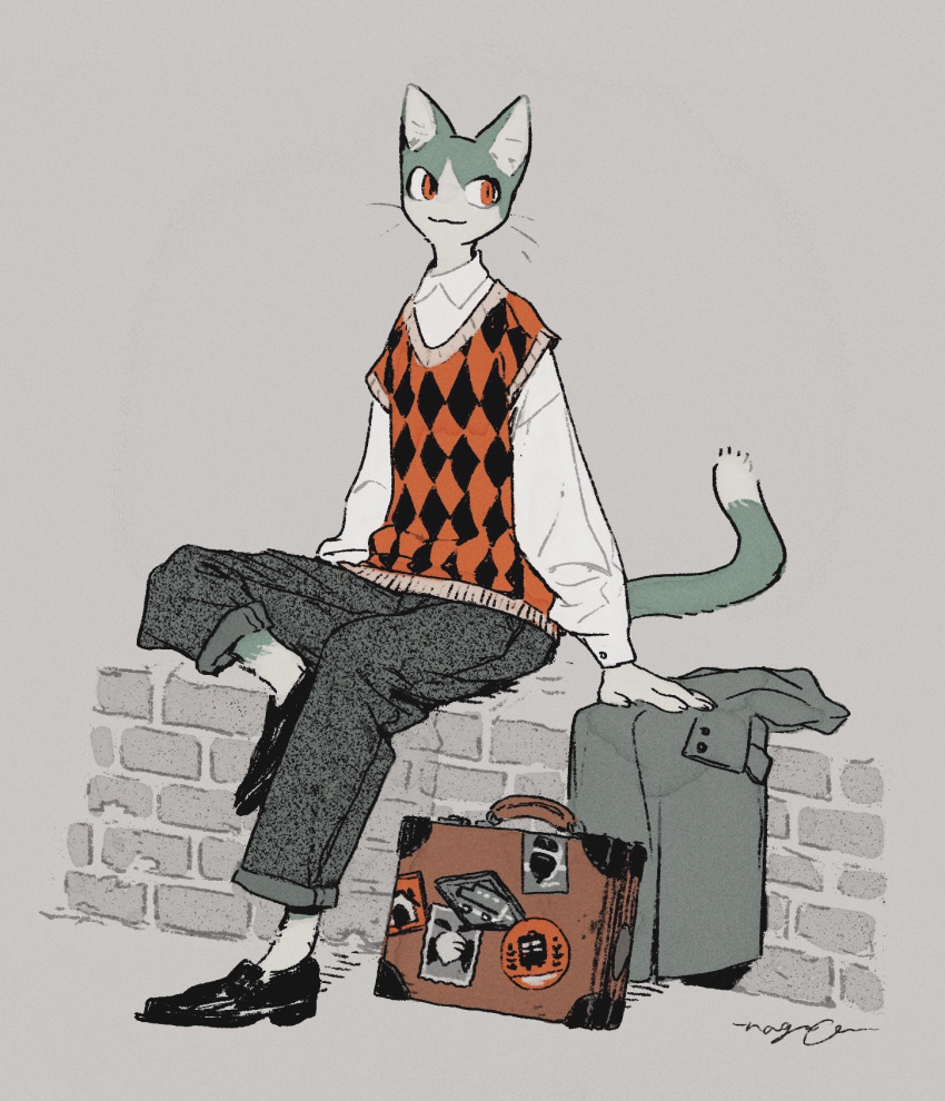 1boy :3 alternate_color animal_crossing animal_ears argyle argyle_sweater black_footwear black_sweater body_fur briefcase cat_boy cat_ears cat_tail coat coat_removed collared_shirt full_body furry furry_male green_fur grey_background grey_fur highres leg_up long_sleeves looking_at_viewer male_focus nagabe original red_eyes red_sweater rover_(animal_crossing) shirt signature sitting smile solo sweater tail whiskers