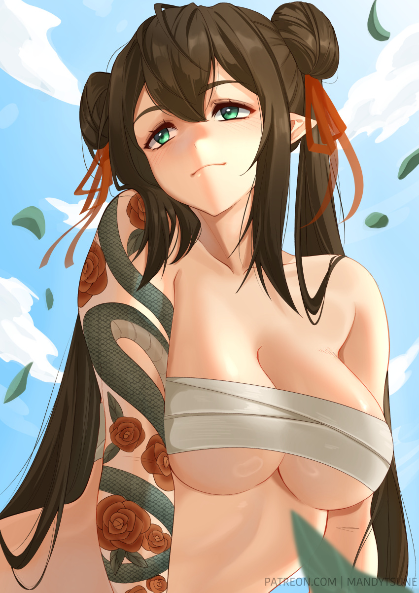 1girl absurdres arm_tattoo artist_name blue_sky blush breasts brown_hair budget_sarashi cleavage closed_mouth collarbone day double_bun elf flower_tattoo green_eyes hair_bun hair_ribbon highres large_breasts long_hair looking_away looking_to_the_side mandytsune original outdoors pointy_ears red_ribbon ribbon sarashi sidelocks sky smile solo strapless tattoo tube_top twintails underboob upper_body very_long_hair web_address