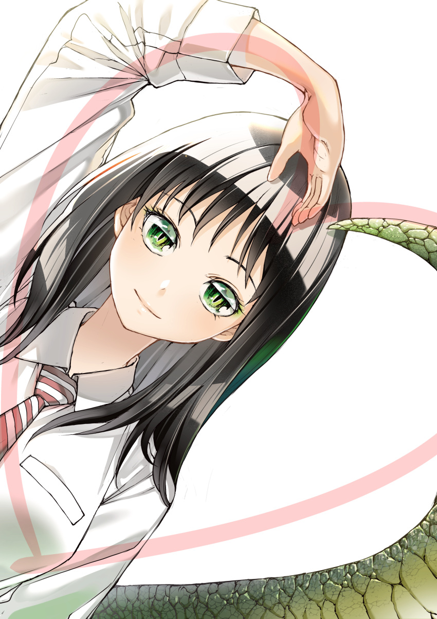 1girl absurdres bangs burningblossom collared_shirt cover cover_image cover_page green_eyes heart highres leaning_to_the_side lizard_tail manga_cover mukasete!_ryuugasaki-san necktie official_art open_hand red_necktie reptile_girl ryuugasaki-san shirt smile solo tail third_eyelid white_shirt