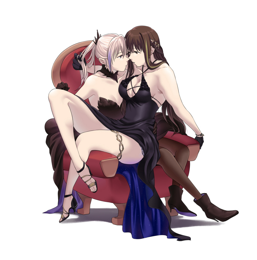 2girls absurdres anniversary armchair bangs bare_shoulders black_dress black_footwear black_gloves blue_eyes boots breasts brown_dress brown_eyes brown_gloves brown_hair brown_pantyhose chair cleavage closed_mouth collarbone dress full_body girls'_frontline gloves hair_ornament hairclip hand_in_another's_hair hand_on_another's_ass high_heel_boots high_heels highres legs long_hair looking_at_another m4a1_(girls'_frontline) m4a1_(suspender_of_time)_(girls'_frontline) medium_breasts multicolored_hair multiple_girls official_alternate_costume pantyhose pink_hair redaiba sitting sitting_on_person small_breasts st_ar-15_(girls'_frontline) st_ar-15_(prisoner_of_the_dream)_(girls'_frontline) streaked_hair thighs white_background yuri