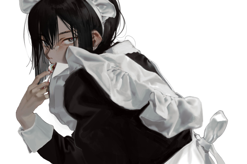 1boy apron black_dress black_hair blood crossdressing disembodied_eye dress eyeball frilled_apron frills grey_eyes hair_between_eyes hand_up highres holding juliet_sleeves long_sleeves looking_at_viewer looking_back maid maid_headdress male_focus medium_hair messy_hair original puffy_sleeves sidelocks simple_background sleeve_cuffs solo upper_body vumiposu white_apron white_background