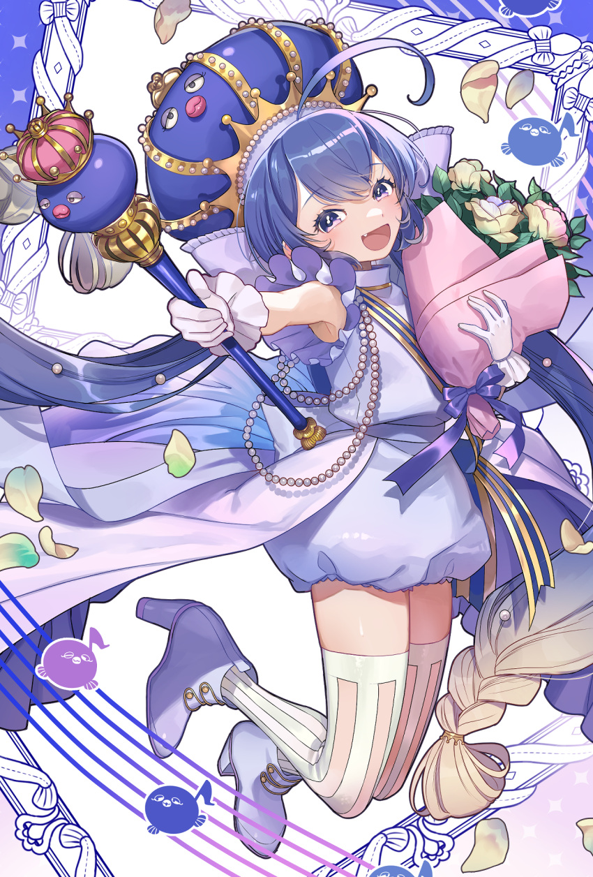 1girl blue_eyes blue_hair blue_headwear bouquet cherico commentary crown dress eel_hat falling_petals fang flower foreshortening gem gloves gradient_hair high_heels highres holding holding_bouquet holding_scepter jewelry large_hat legs_up lips long_hair midair multicolored_hair open_mouth otomachi_una pearl_(gemstone) petals picture_frame purple_dress rose scepter smile solo thighhighs twintails very_long_hair vocaloid voiceroid white_flower white_gloves white_rose white_thighhighs