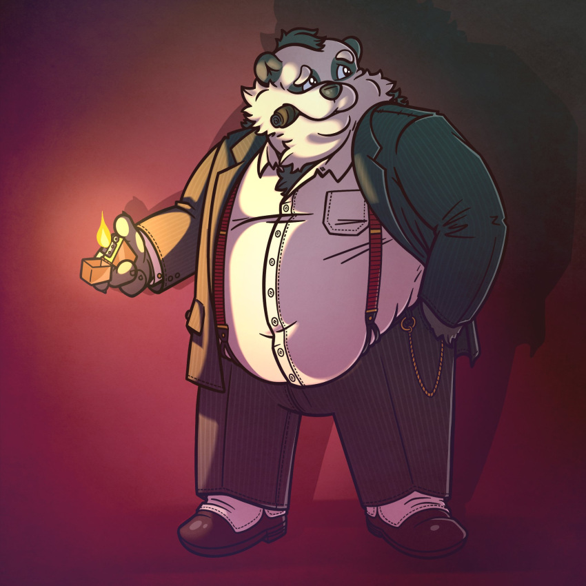 2022 anthro belly big_belly black_body black_nose bottomwear clothing giant_panda hi_res humanoid_hands korndoggychub male mammal overweight overweight_male pants shirt simple_background smoking solo suspenders topwear ursid white_body