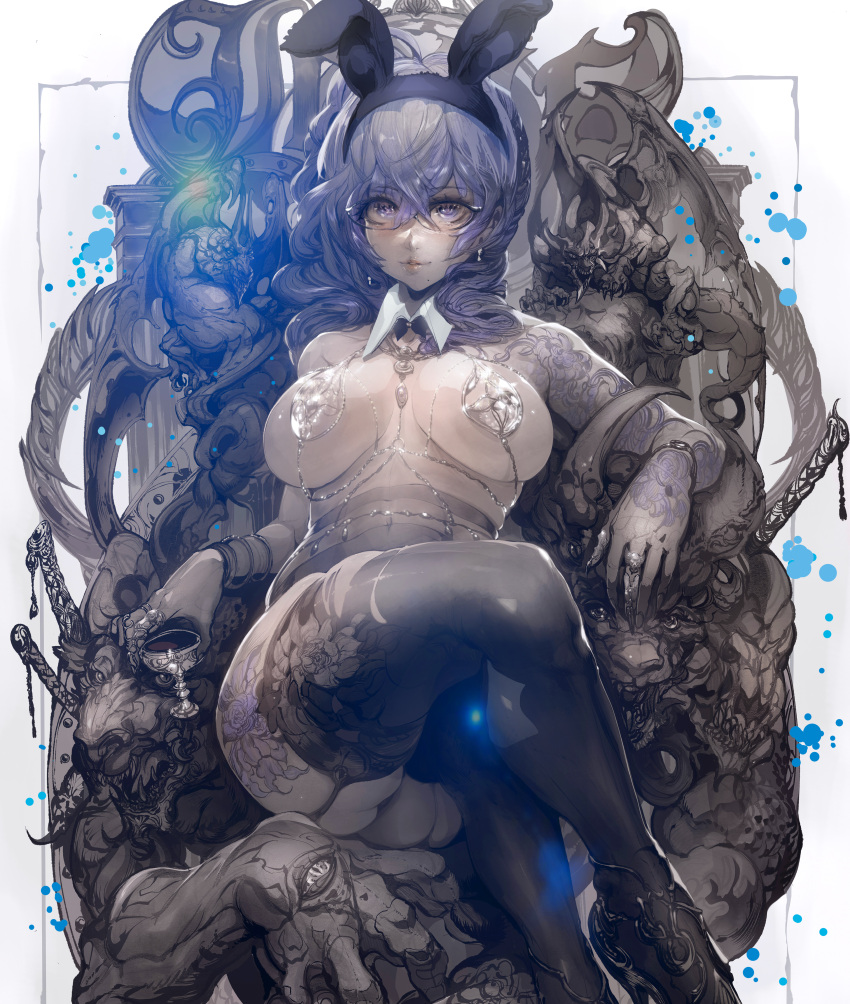 1girl absurdres animal_ear_headwear animal_ears blue_eyes blue_hair breasts chalice character_request copyright_request crossed_legs fingernails garter_straps glasses hand_eye highres jewelry large_breasts lips mole mole_under_mouth parkjinsuky rabbit_ears ring sharp_fingernails solo tattoo