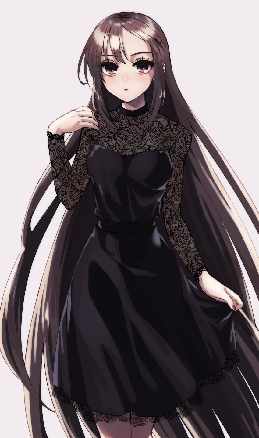 1girl absurdres alternate_costume alternate_hairstyle black_dress brown_eyes brown_hair commentary_request dress fate/grand_order fate_(series) fishnet_sleeves highres lace-trimmed_dress lace_trim light_blush long_hair looking_at_viewer medium_dress nail_polish red_nails seeds328 solo very_long_hair xiang_yu_(fate)