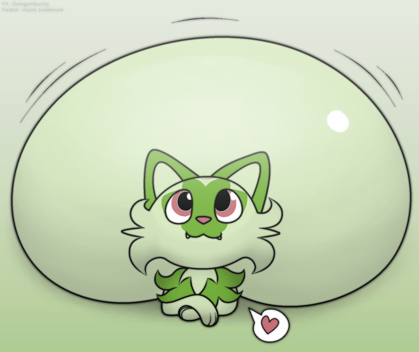 ambiguous_gender belly big_belly felid feline feral foxball fur green_body green_fur happy hi_res hyper hyper_belly inflation mammal nintendo nude pok&eacute;mon pok&eacute;mon_(species) simple_background smile solo sprigatito video_games