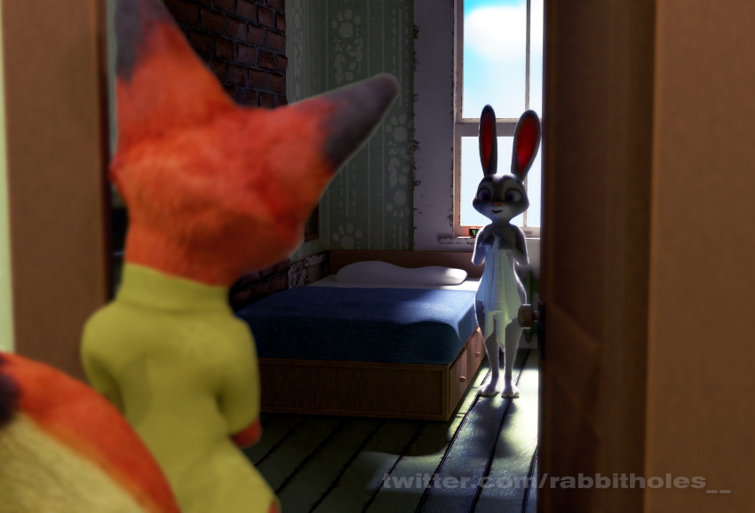 anthro barefoot bed bedroom bedroom_eyes breasts canid canine clothing detailed_background digital_media_(artwork) disney duo ears_up feet female fingers fox fur furniture hi_res judy_hopps lagomorph leporid light male male/female mammal narrowed_eyes nick_wilde nude open_mouth rabbit rabbitholes seductive size_difference small_breasts smaller_female smile smug sunlight surprise teeth towel towel_only voyeur zootopia