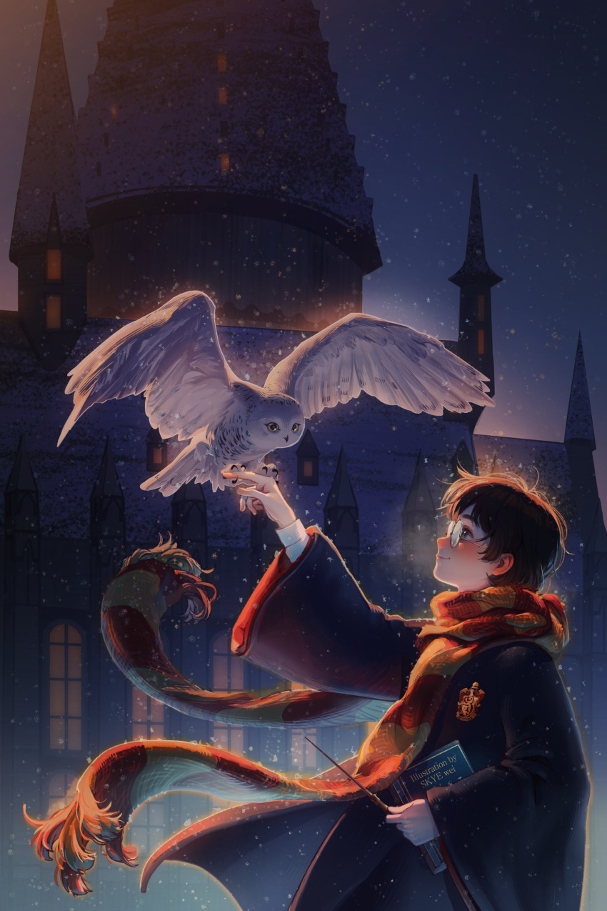 1boy absurdres animal bangs bird bird_on_hand black_coat black_robe blush book breath brown_hair castle coat cold ear_blush emblem floating_clothes floating_scarf glasses green_eyes grey_eyes gryffindor hand_up harry_potter harry_potter_(series) harry_potter_and_the_philosopher's_stone hedwig highres hogwarts_school_uniform holding holding_wand landing long_sleeves looking_at_animal looking_away male_focus night night_sky nose_blush outdoors outstretched_arm owl profile robe scarf school_uniform short_hair sky skye_wei smile snowing striped striped_scarf upper_body wand wide_sleeves wind winter