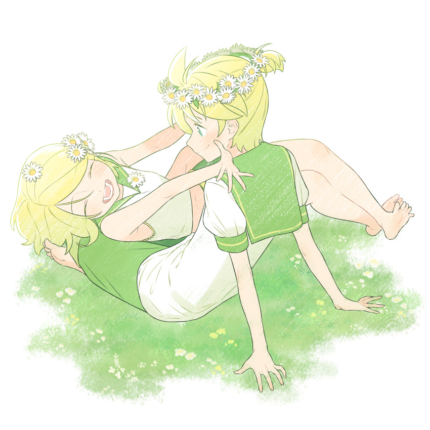 1boy 1girl absurdres ahoge aqua_eyes bangs bare_arms bare_legs bare_shoulders barefoot blonde_hair bon_bon_eee breasts brother_and_sister commentary_request daisy flower grass green_sailor_collar green_theme happy head_wreath highres imminent_hug indian_style kagamine_len kagamine_rin korean_commentary lying lying_on_lap midriff on_ground on_person on_side open_mouth outstretched_arms outstretched_hand sailor_collar shirt short_sleeves shorts siblings sitting skinny sleeveless sleeveless_shirt small_breasts smile swept_bangs twins vocaloid white_flower
