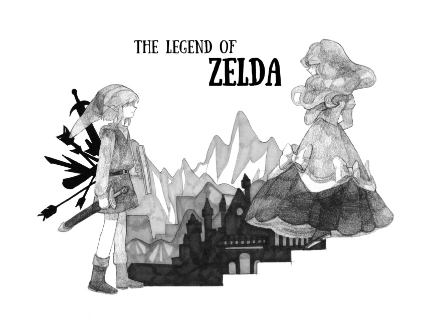 1boy 1girl absurdres arrow_(projectile) boots bow castle copyright_name dress english_text facing_another floating_hair from_side greyscale hat highres holding holding_shield holding_sword holding_weapon link long_hair long_sleeves looking_back monochrome mountainous_horizon planstar pointy_ears pointy_hat princess_zelda profile shield short_hair sidelocks simple_background stairs standing sword the_legend_of_zelda traditional_media tunic weapon