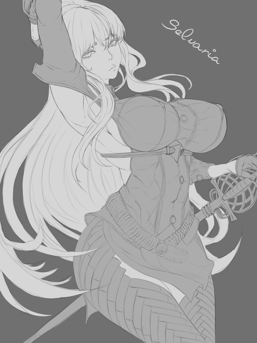 1girl absurdres arm_up armpits bangs breasts character_name closed_mouth gloves greyscale half_gloves highres kuromoro large_breasts long_hair looking_at_viewer military military_uniform monochrome selvaria_bles senjou_no_valkyria_(series) senjou_no_valkyria_1 sidelocks sketch sword uniform weapon wide_hips