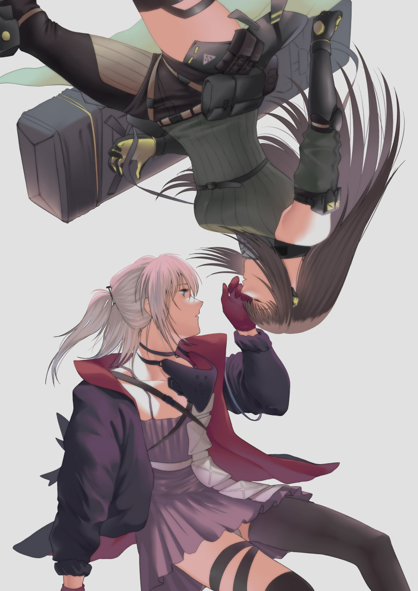 2girls absurdres asymmetrical_legwear bangs black_gloves black_shorts black_thighhighs blue_eyes breasts brown_hair closed_eyes collarbone dress english_commentary feet_out_of_frame girls'_frontline gloves green_sweater_vest hair_ornament hairclip highres jacket long_hair looking_at_another m4a1_(girls'_frontline) mask mask_around_neck medium_breasts multicolored_clothes multicolored_gloves multiple_girls off_shoulder open_clothes open_jacket open_mouth out_of_frame pink_hair purple_dress purple_jacket red_gloves redaiba short_ponytail shorts small_breasts st_ar-15_(girls'_frontline) sweater_vest thighhighs weapon_case white_background yuri