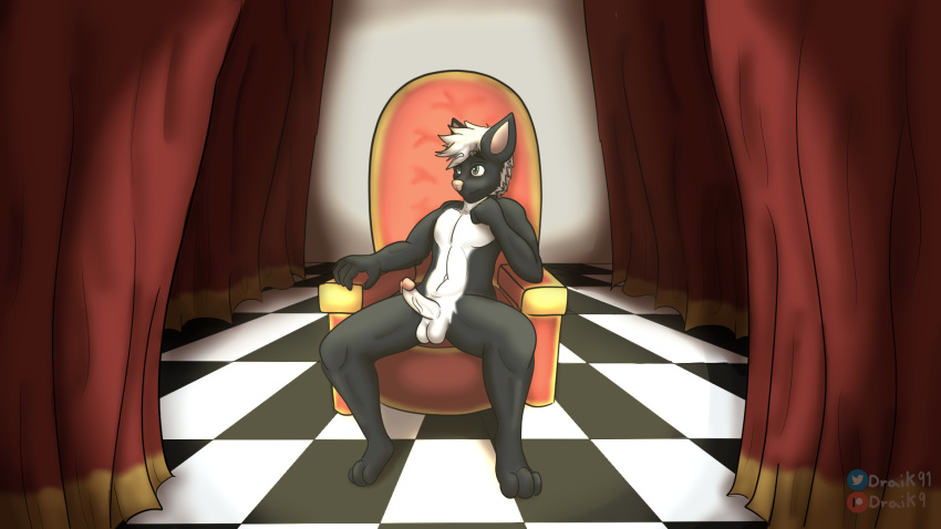 anthro balls bored bored_expression canid canine canis chair curtains draik erection fur furniture genitals hi_res male mammal nude penis shaded simple_background sitting solo throne throne_room wolf