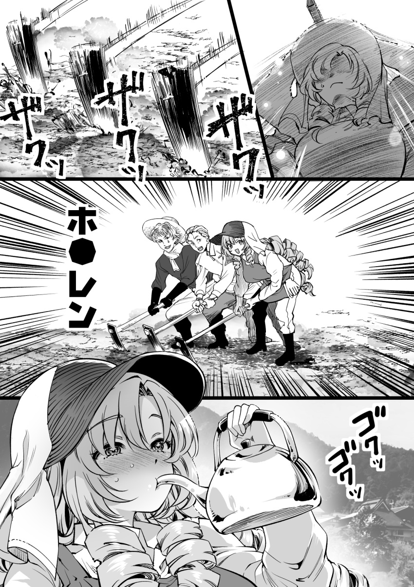 1girl 2boys apron bangs baseball_cap blush boots drill_hair drinking emphasis_lines gloves gloves_removed greyscale hat highres hoe holding holding_teapot hyakumantenbara_salome joe_rikiichi long_hair long_sleeves monochrome multiple_boys nijisanji sakayama_shinta scarf sound_effects sweat teapot teardrop_facial_mark translation_request