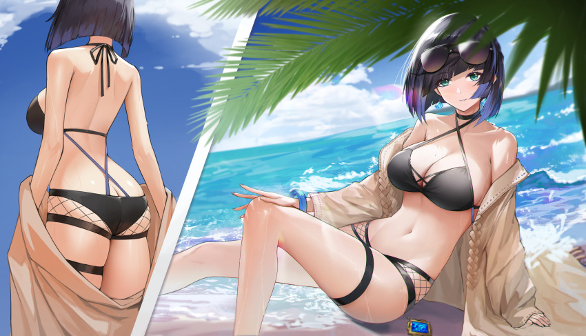 1girl absurdres ass bangs bare_back bare_legs bare_shoulders barefoot beach bikini black_bikini black_choker black_hair blue_eyes blue_hair blue_sky blunt_bangs bob_cut bracelet breasts choker cleavage cloud commentary_request criss-cross_halter day eyewear_on_head foot_out_of_frame genera-x genshin_impact grey_jacket halterneck highres jacket jewelry large_breasts long_sleeves looking_at_viewer multicolored_hair multiple_views navel ocean off_shoulder open_clothes open_jacket outdoors revision short_hair sitting sky smile standing stomach sunglasses swimsuit thigh_strap thighs water yelan_(genshin_impact)