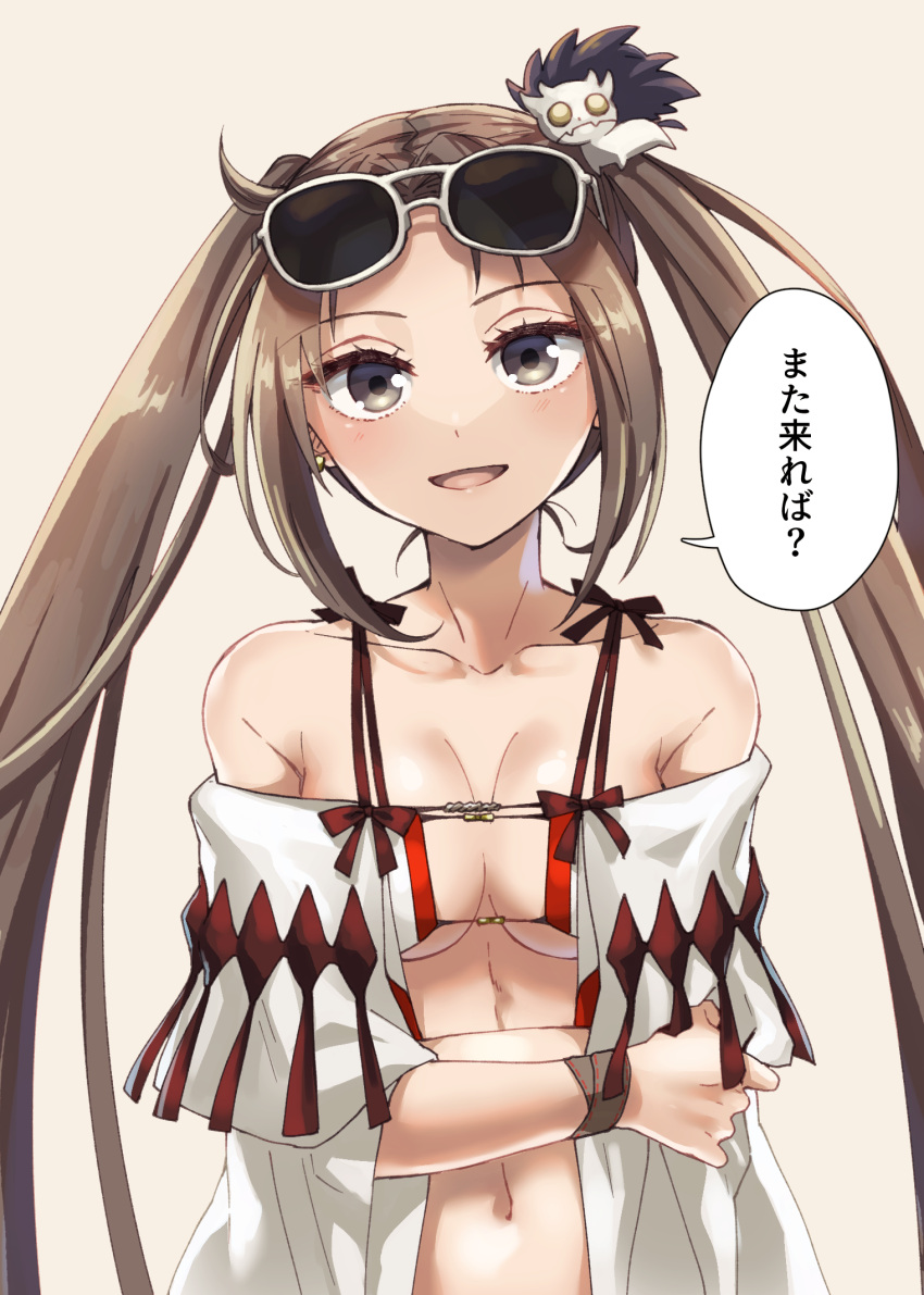 :d bare_shoulders bikini breasts brown_hair character_hair_ornament cleavage collarbone commentary_request crossed_arms eyewear_on_head fate/grand_order fate_(series) grey_eyes hair_ornament highres large_breasts long_hair looking_at_viewer seeds328 smile speech_bubble sunglasses swimsuit translation_request twintails upper_body very_long_hair white_bikini xiang_yu_(fate) yu_mei-ren_(fate) yu_mei-ren_(swimsuit_lancer)_(fate)