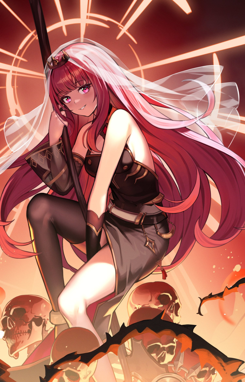 1girl bare_shoulders black_dress black_sleeves blush breasts detached_sleeves dress highres hololive hololive_english lim_jaejin long_hair long_sleeves looking_at_viewer medium_breasts mori_calliope parted_lips purple_eyes red_hair scythe see-through see-through_sleeves single_thighhigh sitting skull sleeveless sleeveless_dress smile solo thighhighs thorns very_long_hair virtual_youtuber wide_sleeves