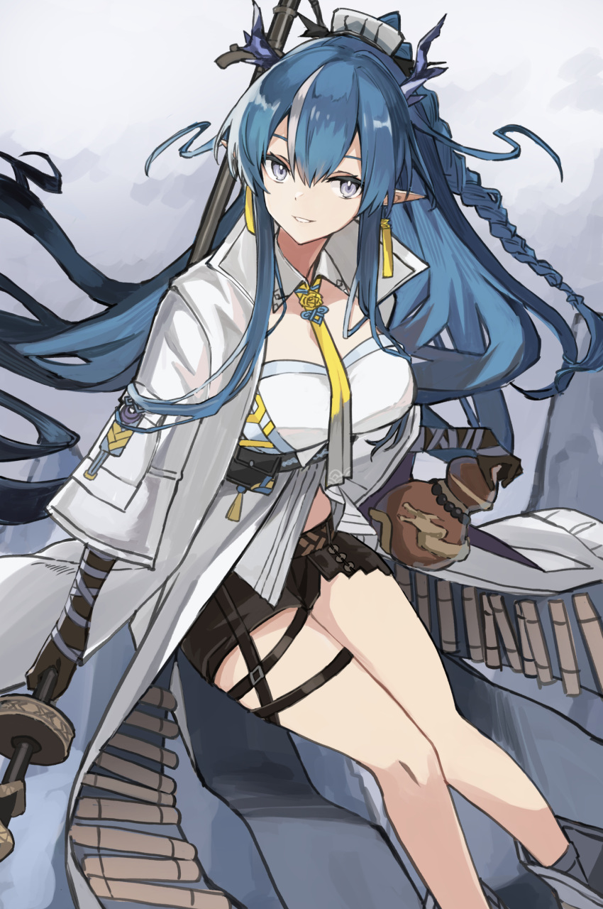 1girl arknights arm_tattoo arm_wrap black_footwear black_shorts black_skin blue_eyes blue_hair boots breasts collared_jacket colored_skin dragon_girl dragon_horns earrings exion_(neon) feet_out_of_frame grey_background grey_hair highres holding_gourd horns jacket jewelry ling_(arknights) long_sleeves looking_at_viewer medium_breasts multicolored_hair necktie parted_lips pointy_ears shirt short_shorts shorts simple_background smile solo streaked_hair tassel tassel_earrings tattoo thigh_strap white_jacket white_shirt yellow_necktie